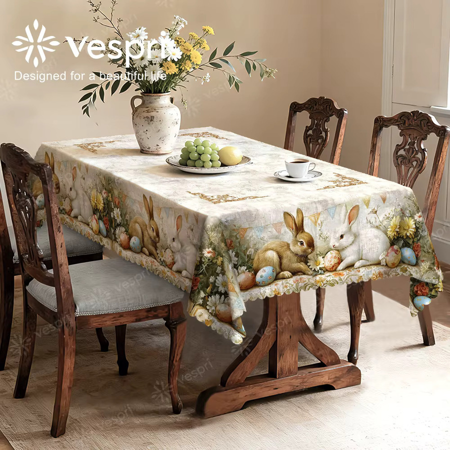 Vespri Oster-Tischdecke aus Polyester in Weiß und Beige mit Hasen-Blumen-Ei-Design für Party und Festival - Bild 2