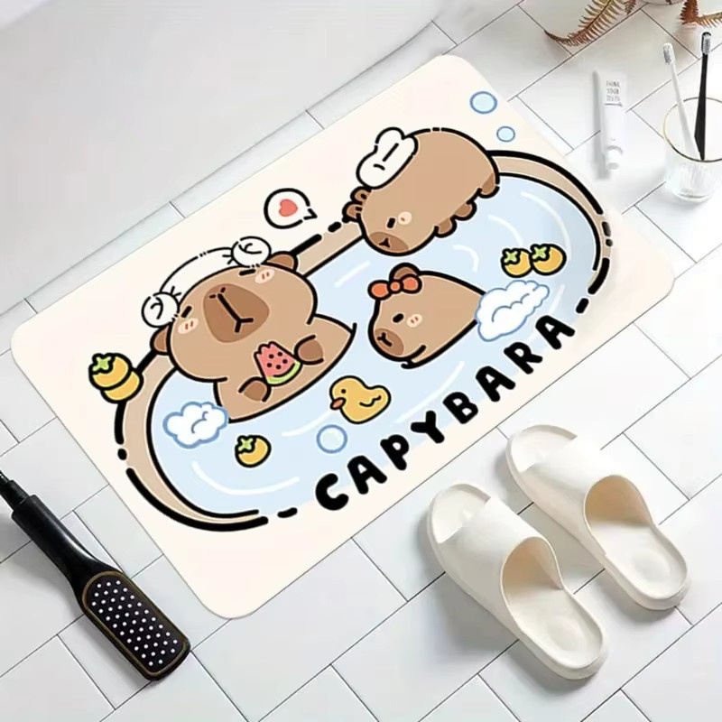 VIKAMA Badematte mit Kawaii Capybara Motiv, rutschfest und super saugfähig, waschbar, B/B: 120 x 80 cm, mehrfarbig - Bild 2