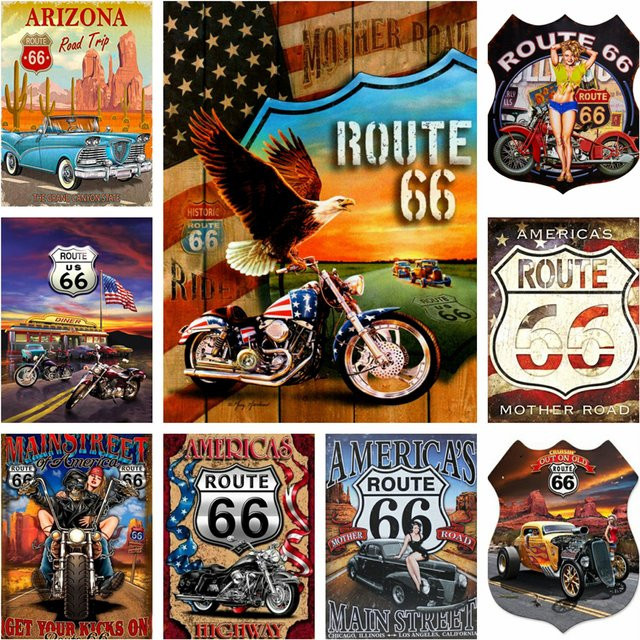 YUTTEE Diamond Painting Vintage Route 66 Cafe mit Autos und Motorrad als Retro Straßenlandschaft Wandkunst in Mehrfarbig - Bild 1