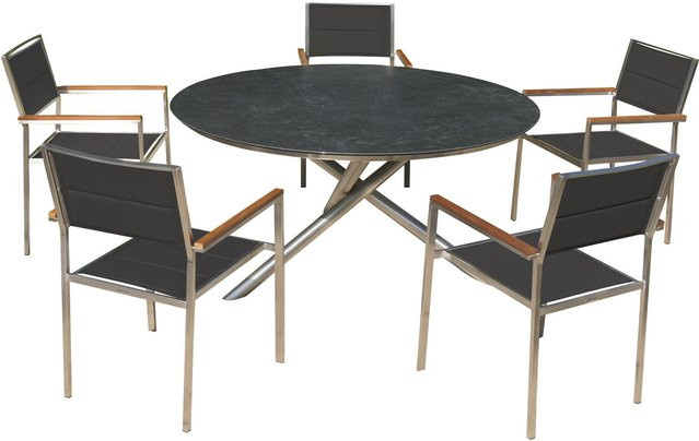 OUTFLEXX Garten-Essgruppe mit rundem Tisch und 5 gepolsterten Stühlen, Farbe Silber/Schwarz/Grau, Materialien: Edelstahl, Glaskeramik, Textilene und Teak, Tisch Durchmesser: 150 cm - Bild 1
