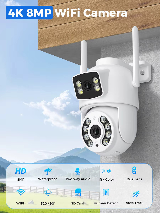 BESDER 8MP WiFi PTZ Outdoor Überwachungskamera mit Dual-Bildschirmen, 4MP Sicherheit IP Kamera mit Farb-Nachtsicht und iCSee App, Weiß - Bild 2