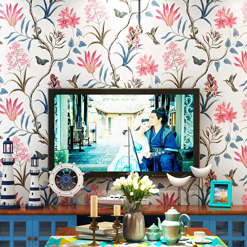 Selbstklebende Wokhome Tapete mit modernem Blumen-Vogel-Motiv in Pink und Multicolour - Bild 2