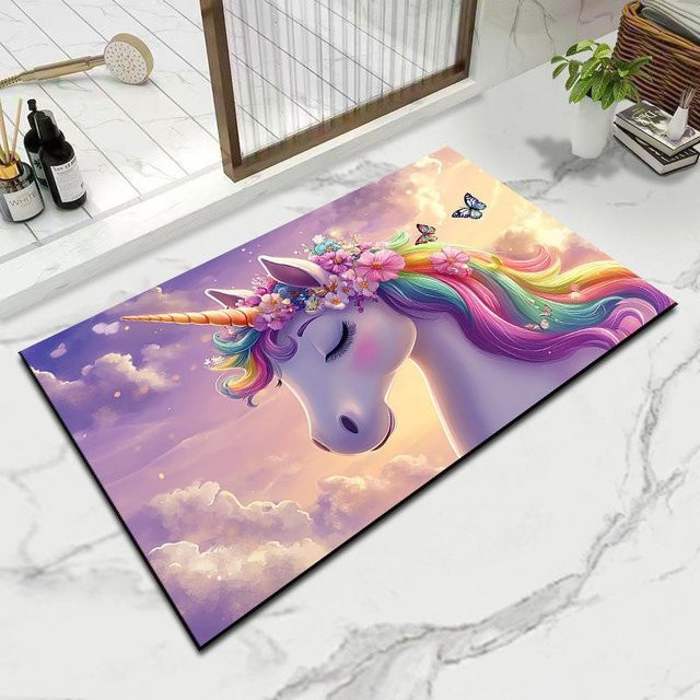 Rutschfeste und saugfähige Badezimmer-Fußmatte mit Regenbogen-Pony-Motiv in Mehrfarbig, B/B: 40 x 60 cm - Bild 1
