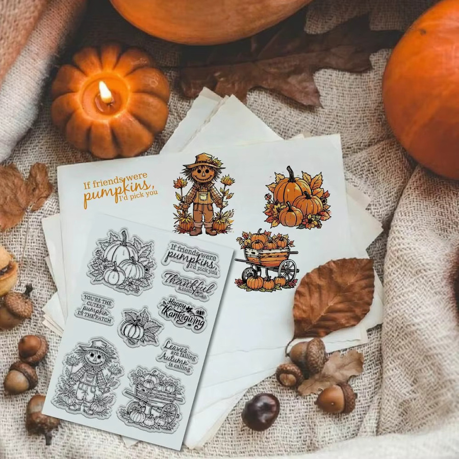 Wiederverwendbarer Gummistempel mit Herbst-Motiven wie Kürbis und Vogelscheuche in Multicolour - Bild 3