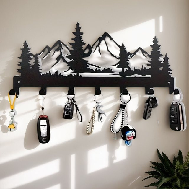 Metall-Schlüsselhaken zur Wandmontage mit Walddesign in Schwarz, B/T/H: 12,5 x 25,0 x 1,0 cm - Bild 1