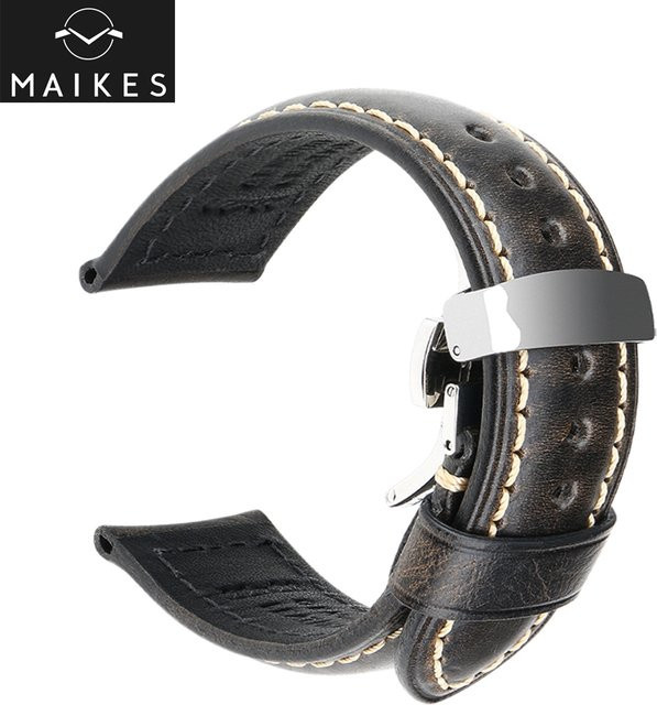 MAIKES Uhrenarmband Echtleder, Vintage, Schwarz, Unisex - Bild 1