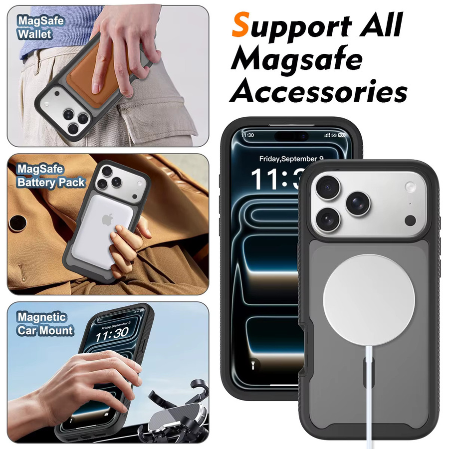 2-in-1 Stoßfeste Panzerhülle für Apple iPhone 17 Pro Max, 17 Air und 17 Pro mit MagSafe Magnetischer Kabelloser Ladefunktion in Schwarz Matte Schutzhülle - Bild 3