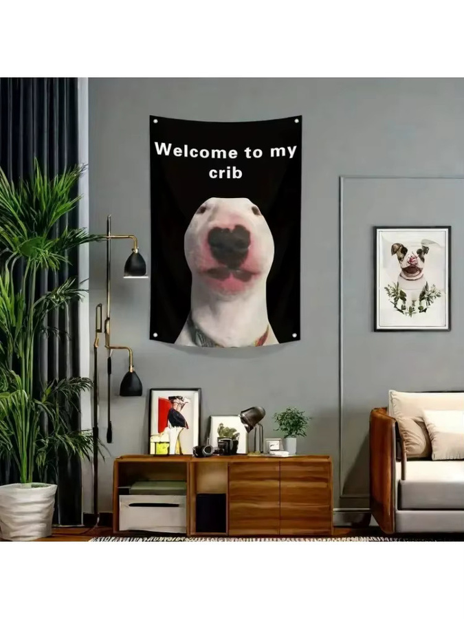 VIKAMA Wandteppich mit lustigem Bullterrier-Meme Welcome to My Crib aus Polyester, Wandbehang in Schwarz, Breite: 60 cm, Höhe: 40 cm - Bild 4