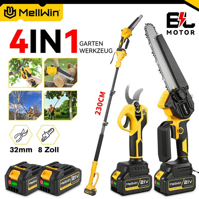 MELLWIN 4-in-1 Gartenpflegewerkzeug Set mit bürstenloser 8-Zoll-Kettensäge, 32-mm-Gartenschere und 185 cm Teleskopstange in Gelb für Makita 18V Akku - Bild 1