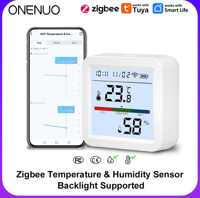ONENUO Intelligenter Tuya ZigBee Temperatur- und Feuchtigkeitssensor mit hintergrundbeleuchtetem LCD in Weiß, kompatibel mit Google Assistant (erfordert Tuya Zigbee Hub) - Bild 1