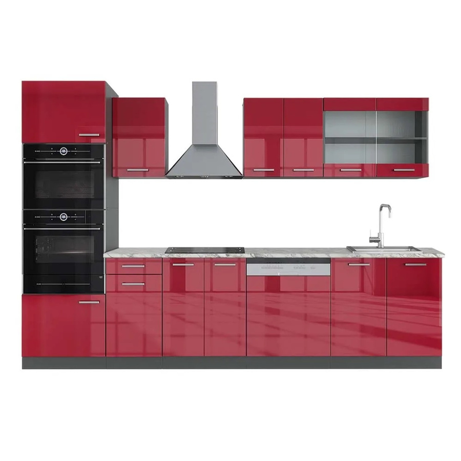 Vicco R-Line Küchenzeile Bordeaux Hochglanz und Anthrazit mit Hochschrank und Arbeitsplatte Marmor Optik, Breite: 300 cm - Bild 2