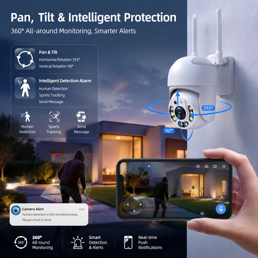 FUNOVATION YC365 Plus Kabellose PTZ WLAN-Sicherheitskamera in Weiß mit Dual-Licht Infrarot- und Farbnachtsicht, automatischer Personenverfolgung und Zwei-Wege-Kommunikation - Bild 2