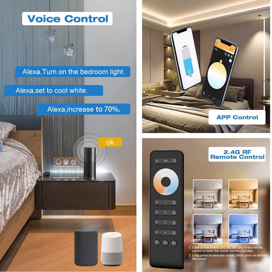 CENFAYA Tuya Zigbee 2-Kanal LED-Controller für 12V 24V COB CCT WW CW LED-Streifen mit 4-Zonen RF 2.4G Dimm-Fernbedienung, kompatibel mit Alexa und Google Assistant, Farbe: Weiß - Bild 1