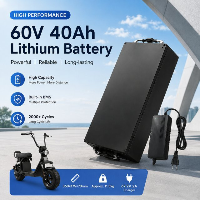 60V Lithium-Akkupack mit Smart BMS für Fat Tire Elektroroller 500W-2000W inklusive 67,2V 2A Ladegerät in Schwarz - Bild 1