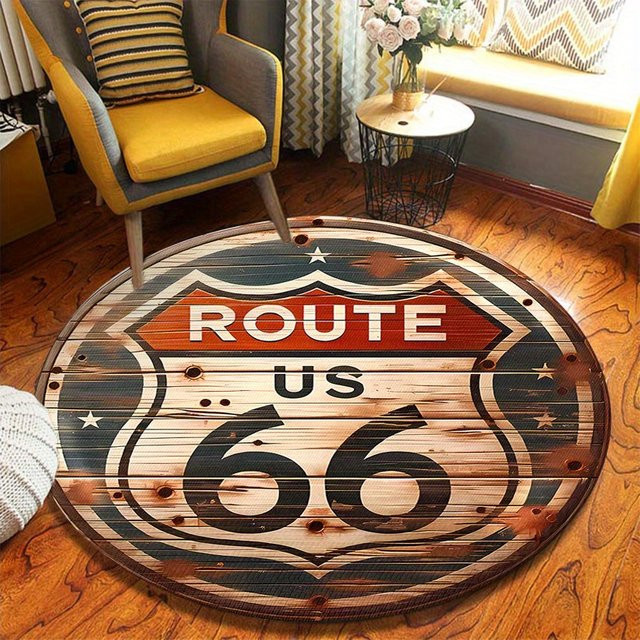 Runder VIKAMA Teppich American Vintage Route 66 in Holzoptik, rutschfest, Multicolour - Bild 1