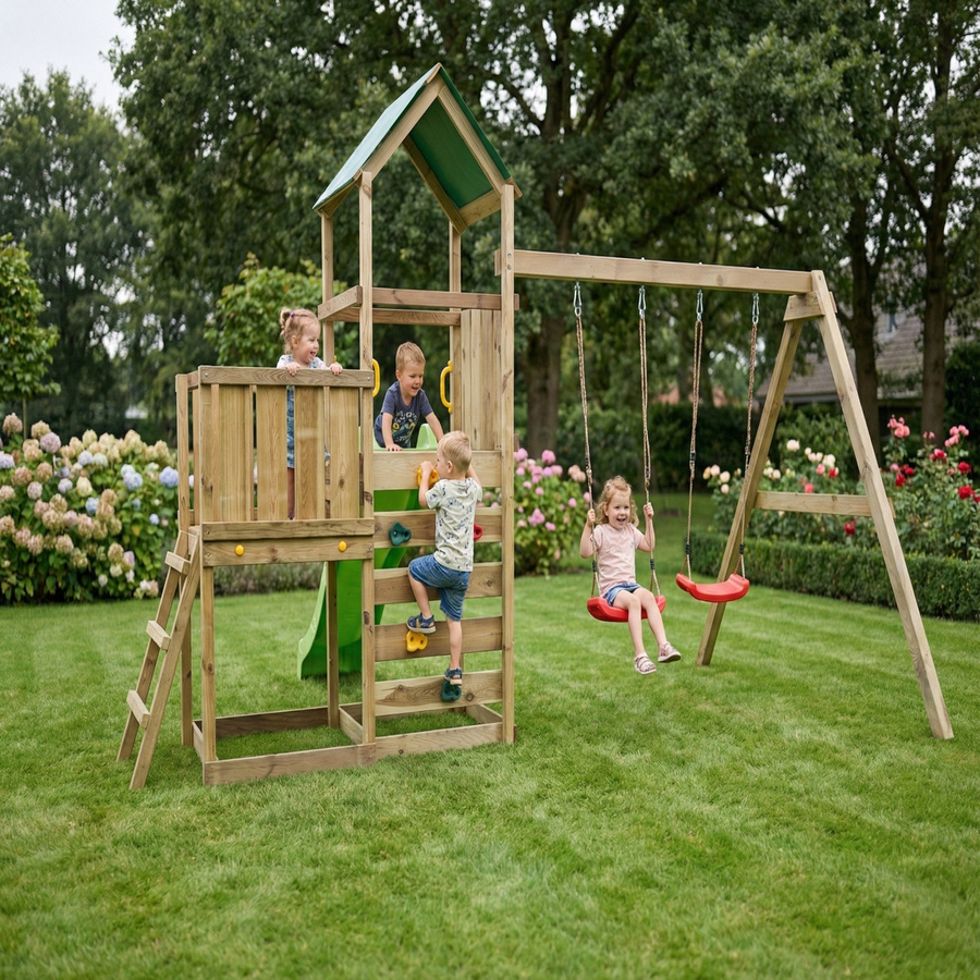 MaxPlay Holzklettergerüst mit zwei Spieltürmen, Doppelschaukel, Rutsche und Foliendach in Mehrfarbig - Bild 2