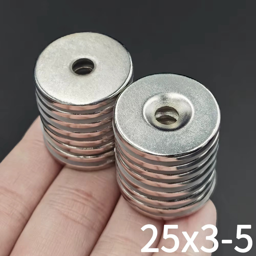 Starke Permanentmagnetscheiben in Silber mit Loch, Durchmesser: 25 mm, Höhe: 3 mm bis 5 mm - Bild 2