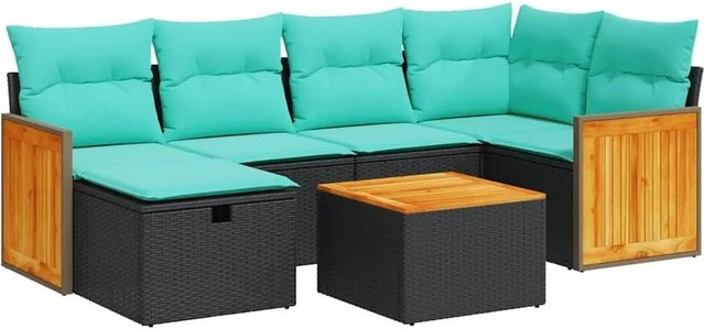 vidaXL 7-teilige Garten-Sofagarnitur in L-Form aus Polyrattan mit Kissen und Couchtisch in Schwarz - Bild 1