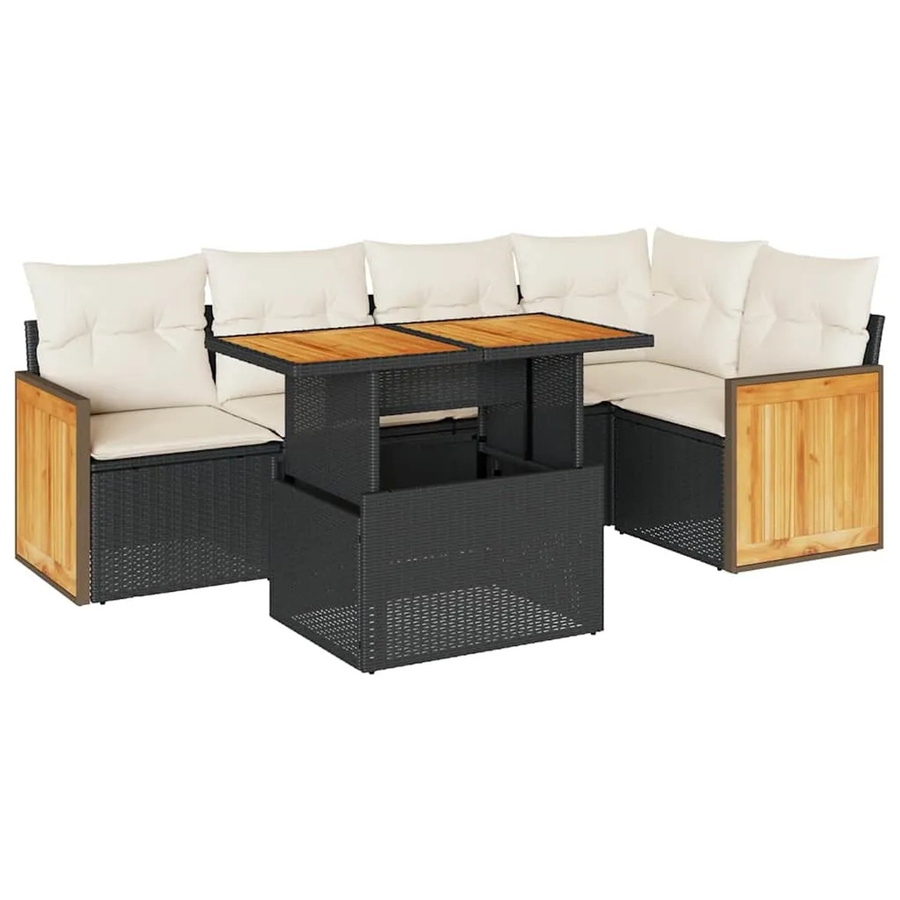 vidaXL 6-teilige Garten-Sofagarnitur in L-Form aus Polyrattan und Akazienholz mit Kissen in Schwarz-creme - Bild 2