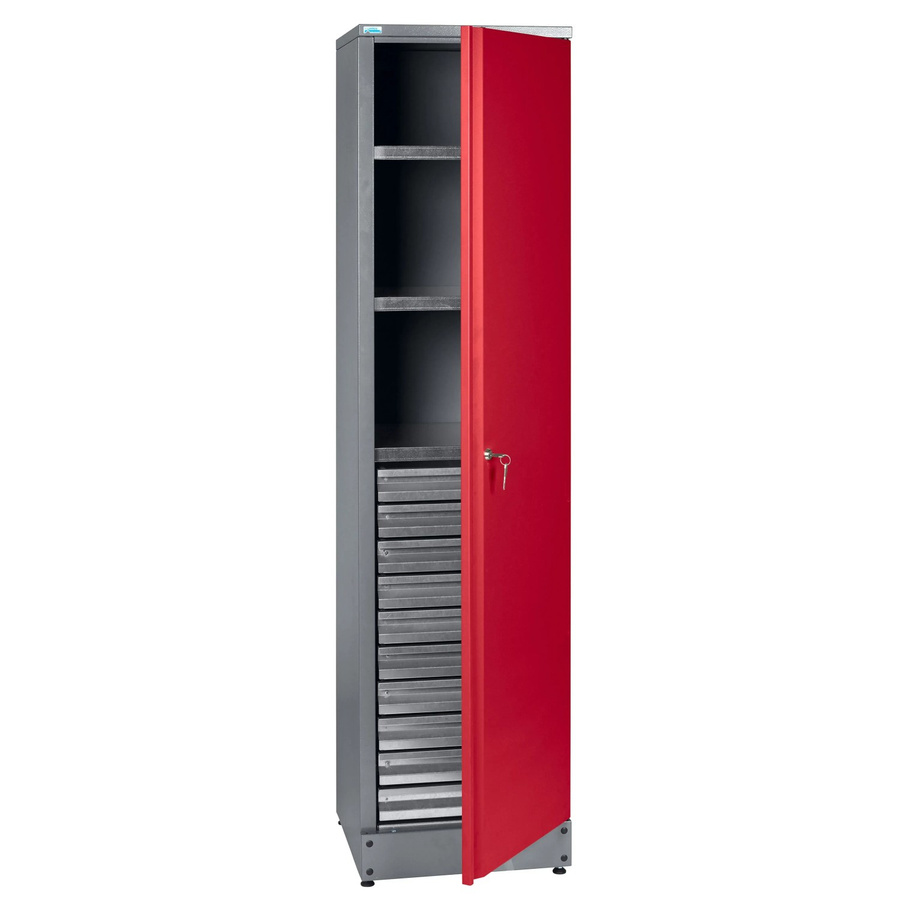 Küpper Materialschrank aus Stahlblech mit 1 Tür und 10 Schubladen in Dunkelrot, Höhe: 180 cm, Breite: 45 cm, Tiefe: 45,5 cm - Bild 2