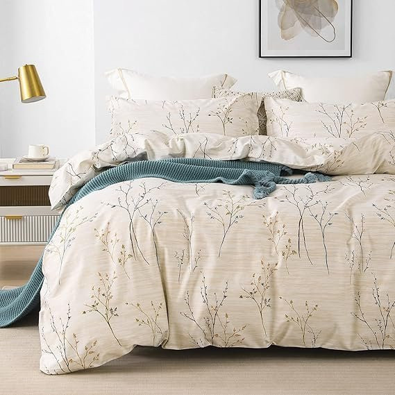 Bin Chi Textiles Bettwäsche-Set aus ägyptischer Baumwolle mit Zweigmuster in Beige, 1200 Fadenzahl, atmungsaktiv, B/H: 150 x 200 cm - Bild 1