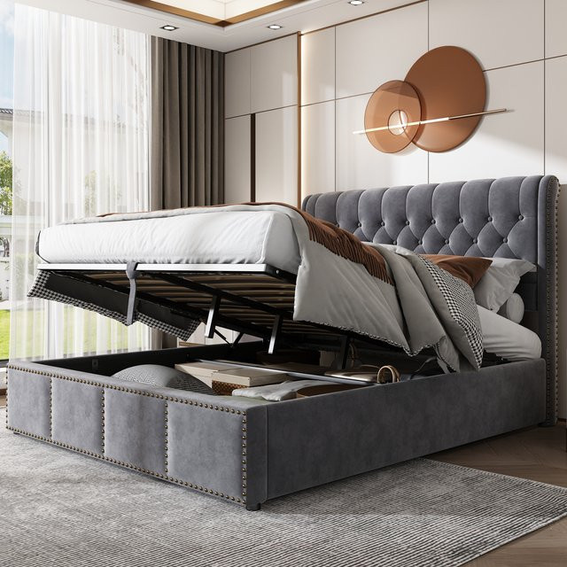 Creahappy Polsterbett mit Hydraulikfunktion und Stauraum, Doppelbett aus Samt, Grau, B/T: 160 x 200 cm - Bild 1
