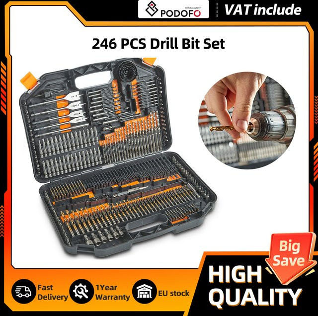 Podofo 246-teiliges Bohrer-Set aus HSS Titan-Stahl mit Spiralbohrern für Holz und Mauerwerk sowie Schraubendreher-Bits inklusive Aufbewahrungsbox - Bild 1