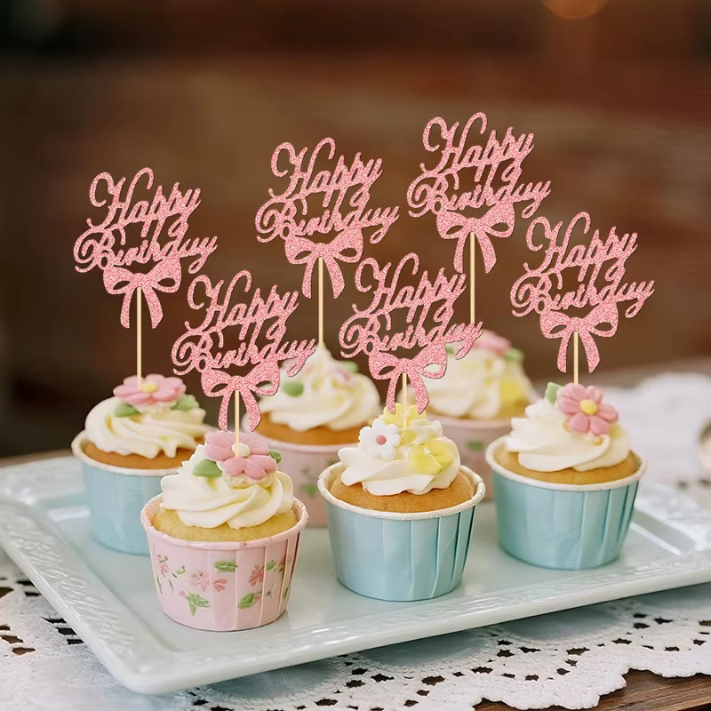YOMDID 24 Stück Cupcake-Topper mit Schleife und Happy Birthday Schriftzug in Pink für Geburtstag und Hochzeit - Bild 3