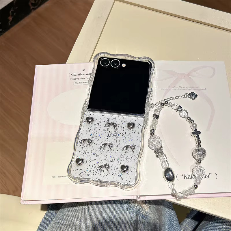 Luxus Glitzer 3D Herz und Schleife Handyhülle für Samsung Galaxy Z Flip 7 6 5 4 3 5G mit Lanyard und stoßfester Abdeckung in Transparent - Bild 2