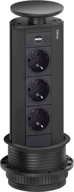EVOline Port Steckdosenturm Schwarz mit 3-fach Schuko, USB-A und USB-C sowie versenkbarem Wippdeckel - Bild 1
