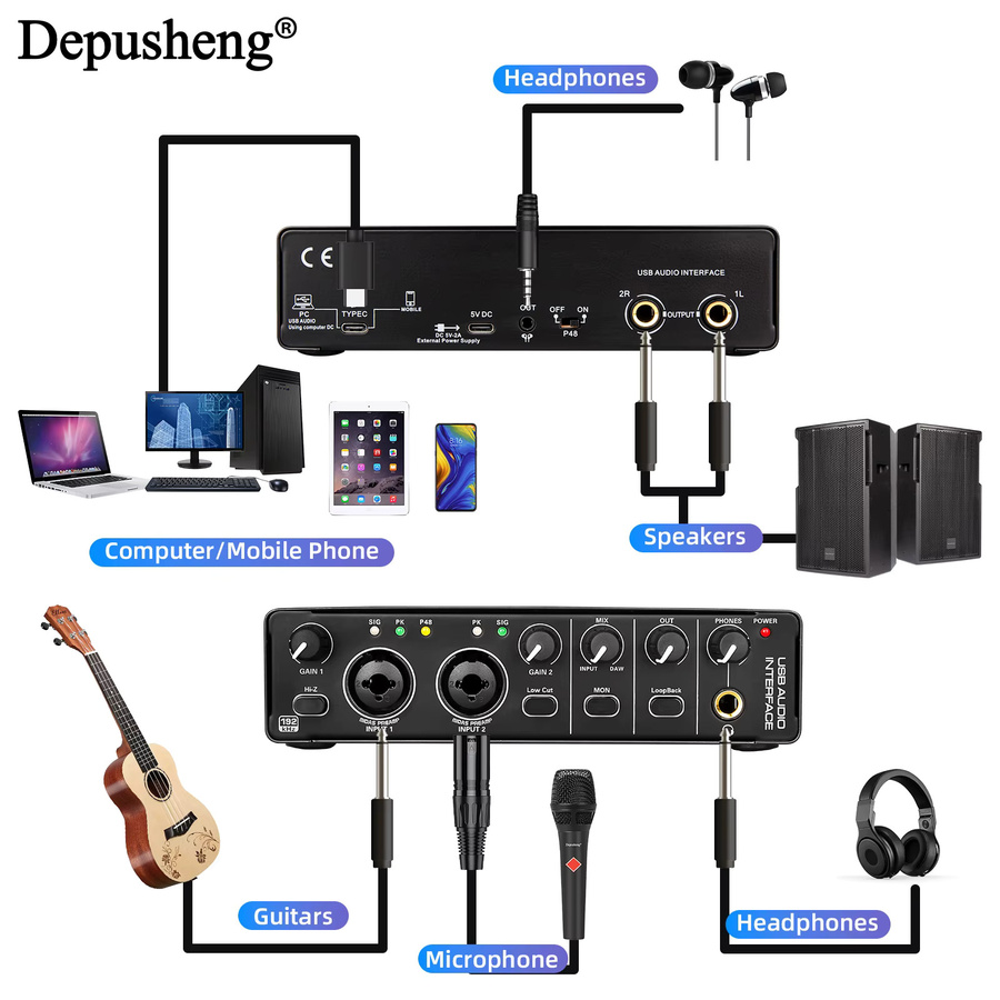 Depusheng MD32 Audio-Interface USB-C Professionelle Soundkarte in Schwarz für E-Gitarre, Live-Aufnahme und Studio-Gesang mit Monitoring - Bild 3