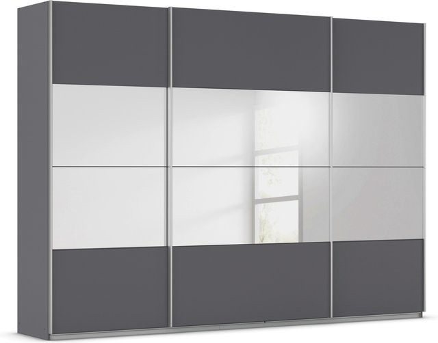 RAUCH Quadra Schwebetürenschrank Orange mit Spiegelelementen und integrierten Schubladen, Korpus Graumetallic, B/H/T: 315 x 230 x 62 cm - Bild 1