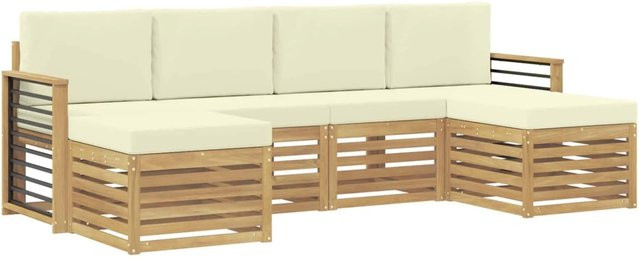 vidaXL Outdoor-Sofagarnitur 6-teilig aus Akazienholz in Weiß und Creme, L-Form mit Sitzkissen und Fußhockern, B/T/H: 249 x 122,5 x 73 cm - Bild 1