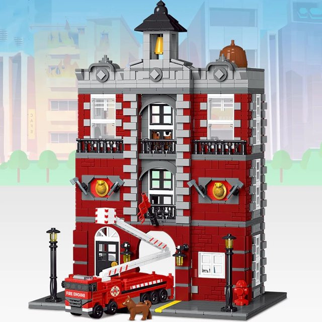 youmko Retro-Feuerwehrstation mit LED-Haus, Bausatz-Modell, 1823 Teile - Bild 1