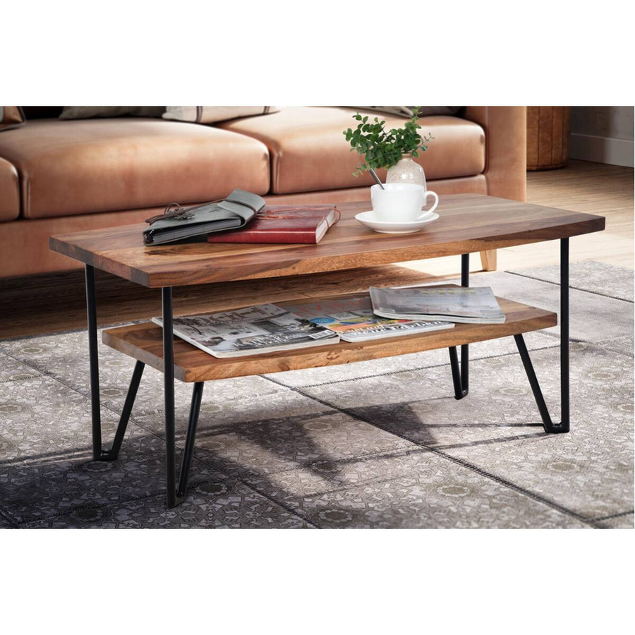 Couchtisch Wohnling aus Sheesham Massivholz und Eisen im Industrial-Style, Braun/Schwarz, B/H/T: 90 x 40 x 50 cm - Bild 2