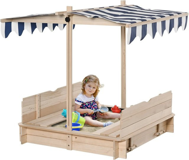 Outsunny Sandkasten aus Tannenholz mit Dach und Rücklehnen, Farbe Natur, B/T/H: 106 x 106 x 121 cm - Bild 1
