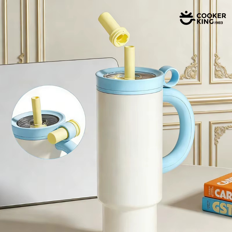 Cooker King Vakuum-Trinkbecher aus Edelstahl und PP mit Stroh für Kaffee und Wasser, Silver-Black, 1050 ml - Bild 2
