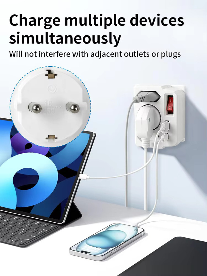 EU Schuko Wandsteckdosenadapter mit Schalter und USB-C Anschlüssen, 16A, Typ E / Typ C, Weiß - Bild 2