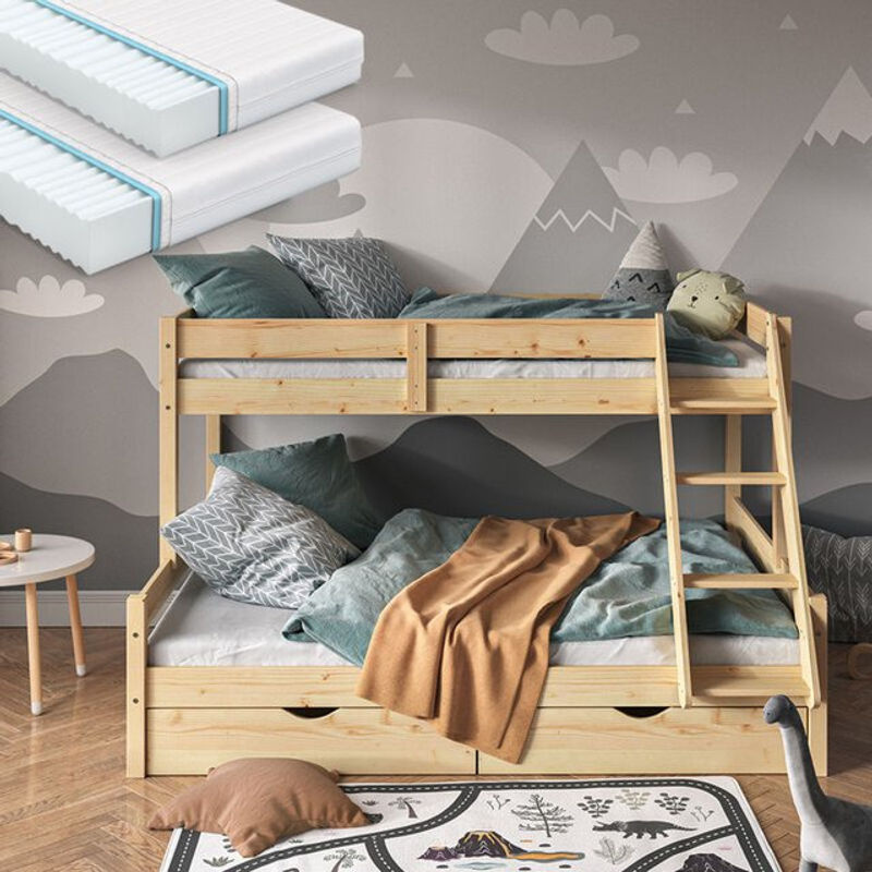 VitaliSpa Hochbett Everest Kinderbett aus Massivholz in Natur mit Bettleiter, Rollschublade und Lattenrost, B/T/H: 140 x 200 cm - Bild 2