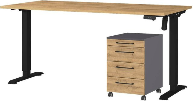 Germania Büro-Set mit höhenverstellbarem Schreibtisch und Rollcontainer in Eiche-Grandson-Nachbildung und Graphit Schwarz B/H/T: 217 x 119 x 80 cm - Bild 1