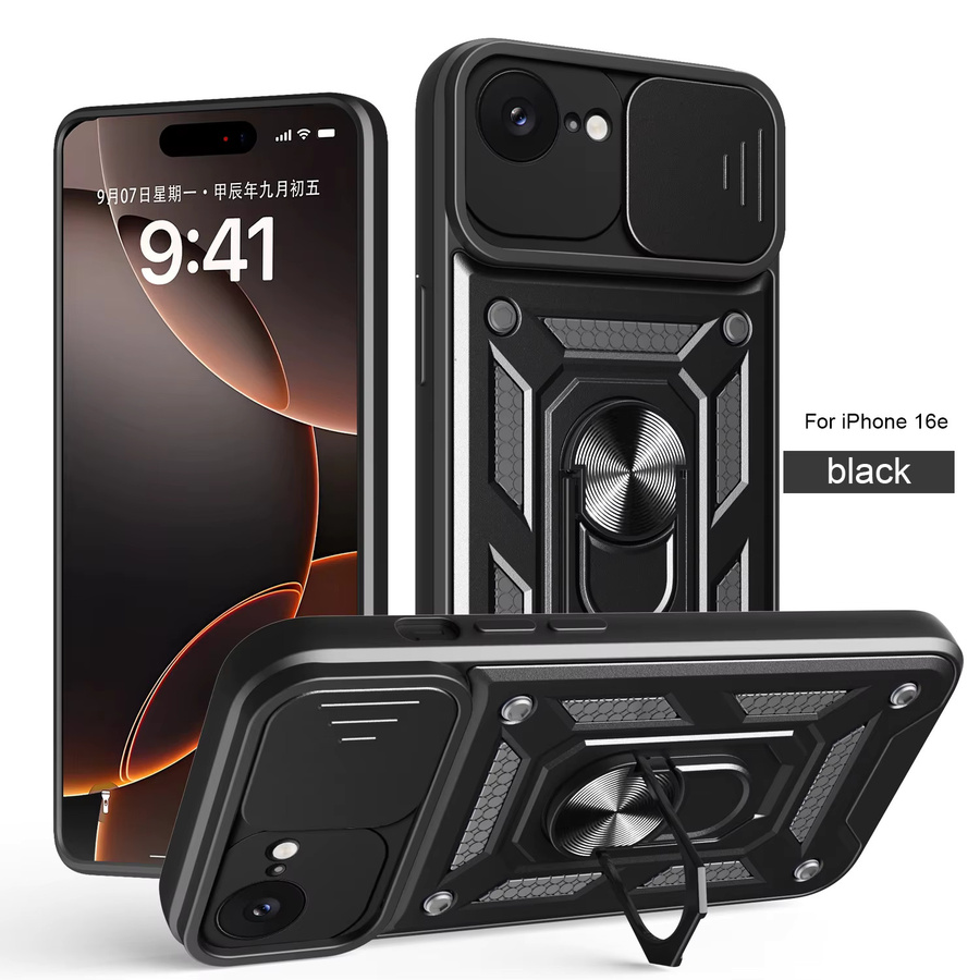 Magnetische Schutzhülle für iPhone 16E und SE4 mit Kamera-Schutz und Ring-Ständer in Schwarz - Bild 2