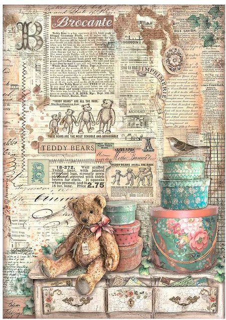 Stamperia Motiv-Strohseide Brocante Antiques Teddy in Multicolor, Format A4 - Bild 1