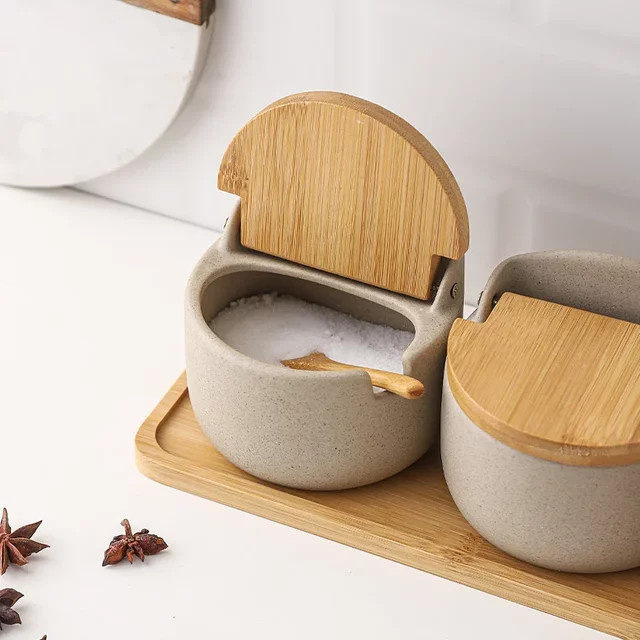 JUSTINLAU Keramik-Gewürzglas in Beige mit Bambusdeckel und Löffel zur Aufbewahrung von Gewürzen, Zucker oder Salz - Bild 1