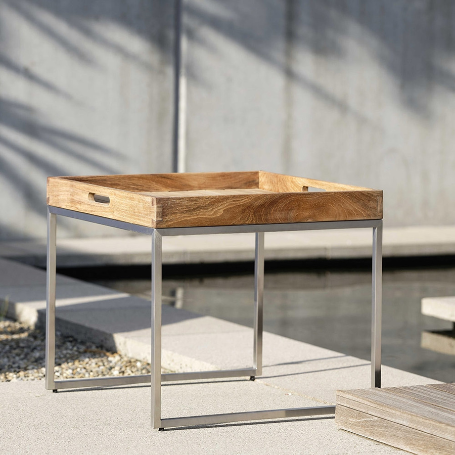 Stern Tabletttisch aus Edelstahl und geöltem Teakholz in Braun, B/T/H: 50 x 45 x 50 cm - Bild 2