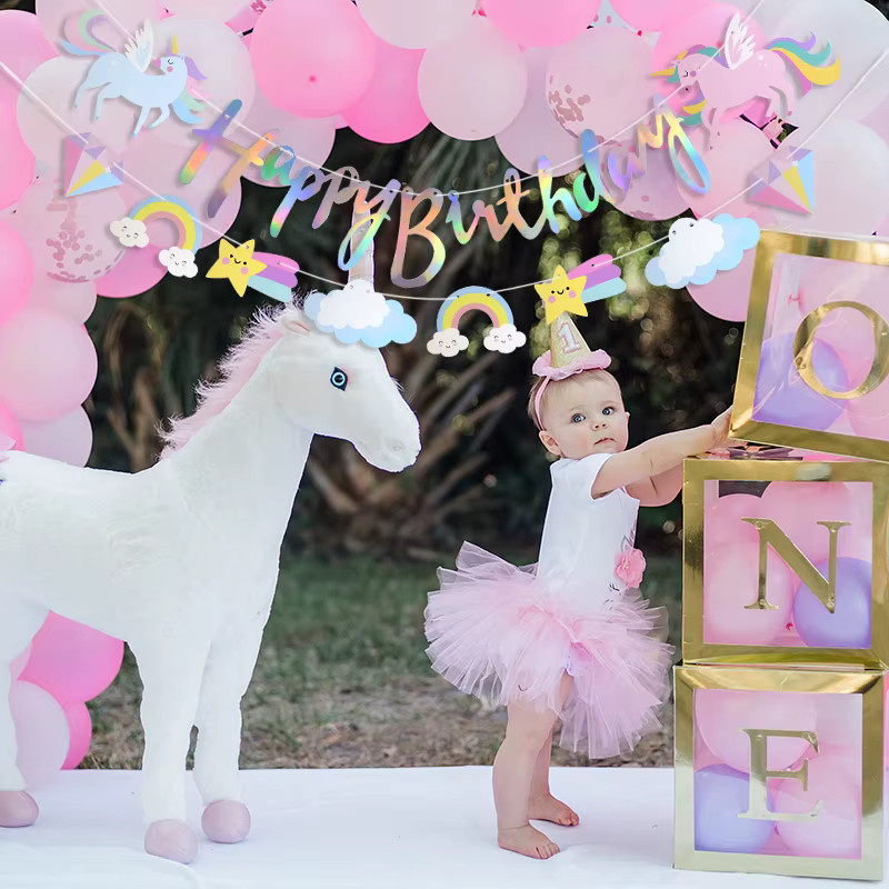 YONGSNOW Einhorn Geburtstag Banner aus Papier mit Wolken und Sternen, Bunting Girlande für Baby Shower und Party-Dekoration, Mehrfarbig - Bild 3