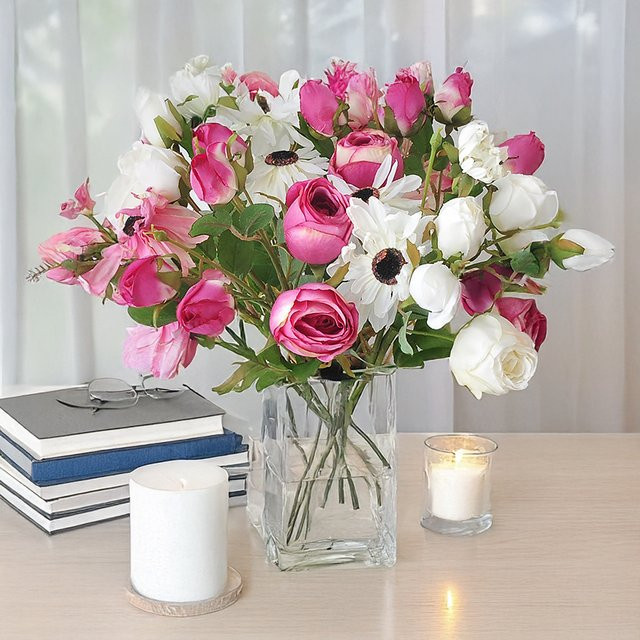 Künstlicher Rosenstrauß aus Seide in Pink und Gelb, Vintage Blumenarrangement für Hochzeiten und Heimdekoration - Bild 1