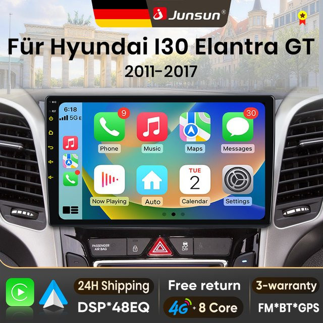 Junsun Android 15 Autoradio mit 9 Zoll Display für Hyundai i30 II und Elantra GT 2011-2017, kabelloses Apple CarPlay, Multimedia-Videoplayer in Schwarz, 2-DIN - Bild 1