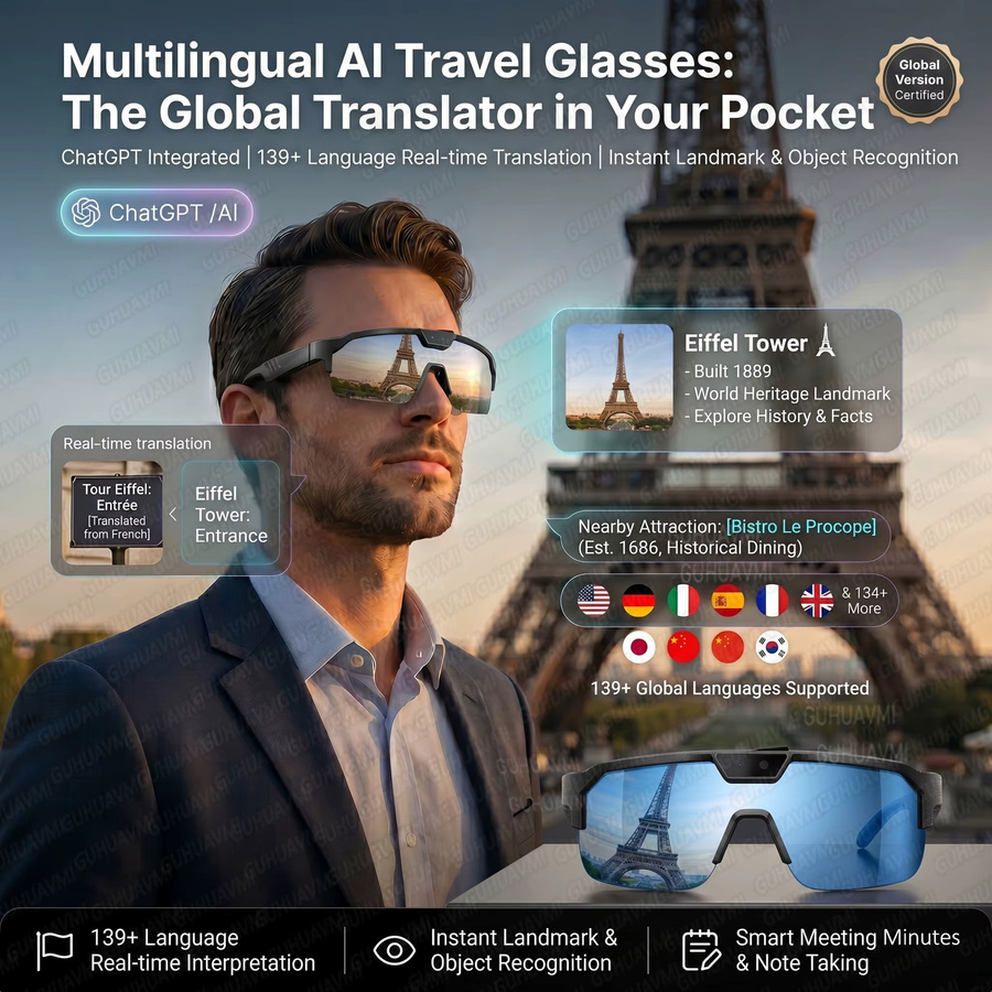 GUHUAVMI Smarte Brille mit 4K HD Anti-Shake-Kamera, 3D-Stereo-Lautsprechern und Bluetooth in Schwarz mit polarisiertem UV400 Schutz für Outdoor-Videos und KI-Funktionen - Bild 5
