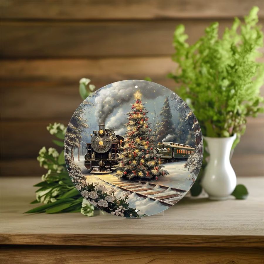 Potdemiel Vintage Polar Express Rundes Aluminiumschild als Weihnachts-Wanddekoration mit Baumszene, Durchmesser: 20,3 cm - Bild 5
