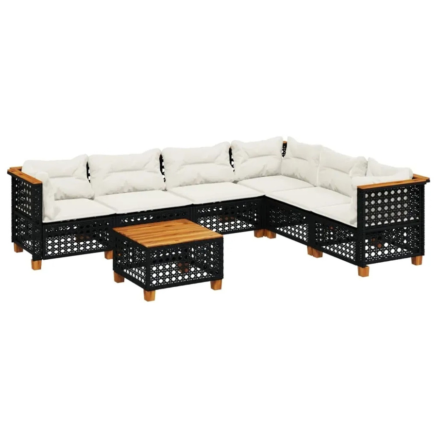 vidaXL 7-teilige Garten-Sofagarnitur aus Poly-Rattan und Akazienholz mit Kissen in Schwarz und Cremeweiß - Bild 2